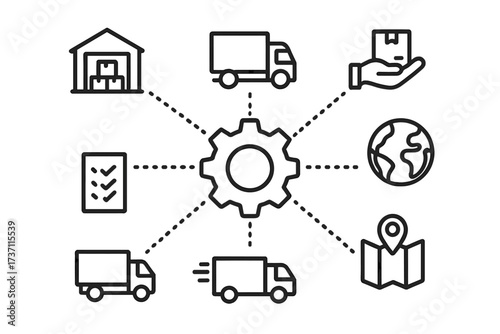 Logistic mechanism concept. Supply chain management with connected gear and icons. Global distribution, delivery service, shipping, and transport network. Vector illustration.