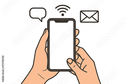 Hands holding smartphone vector illustration. Communication, connection concept with message bubble, email, wifi icons. Blank screen for mockup. Mobile technology, social media.