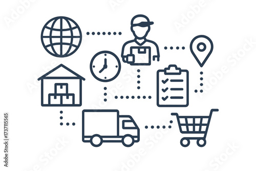 Logistics and supply chain management concept. Global distribution, e-commerce delivery service. Vector icons for shipping, transport, warehousing, and order fulfillment process.