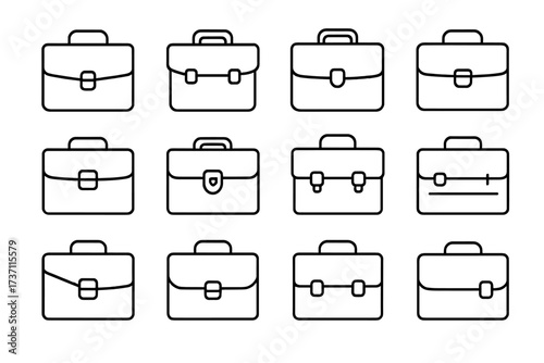 Briefcase line icon set for business and office work. Collection of outline vector symbols. Portfolio, document case, diplomat bag. Corporate job pictogram pack. Editable stroke.