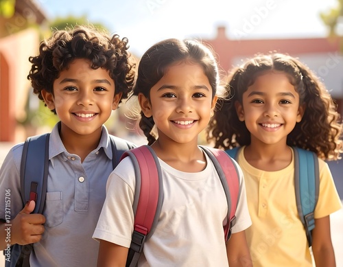 Three Children Ready for School.