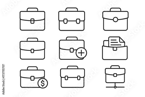 Business briefcase line icon set. Vector symbols for work, career, and portfolio. Editable stroke icons for job, finance, documents, corporate management and office.