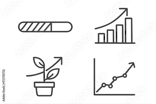 Growth and progress icon set. Business success chart. Investment development graph. Loading bar sign. Financial analytics symbol collection. Editable stroke vector for infographics.