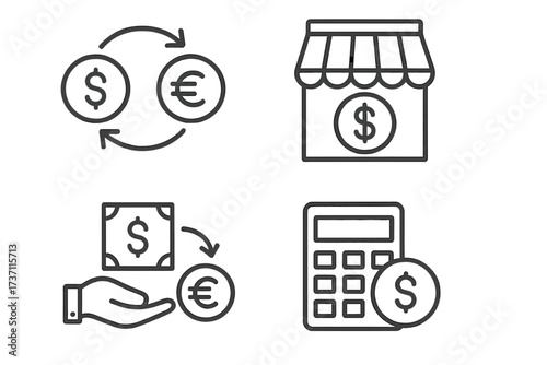 Currency exchange line icon collection. Money transfer, finance, banking concepts. Dollar, euro conversion. Payment, transaction, calculator, bank. Editable stroke vector icons.