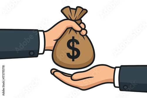 Businessman hand giving a money bag to another person's hand. Vector illustration of payment, investment, or loan. Financial transaction, salary, bribe, or funding concept.