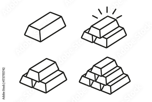 Gold bar icon set vector collection. Bullion ingots for finance and investment. Line art symbols for wealth, treasure, success, and banking. Stack of precious metal illustration.