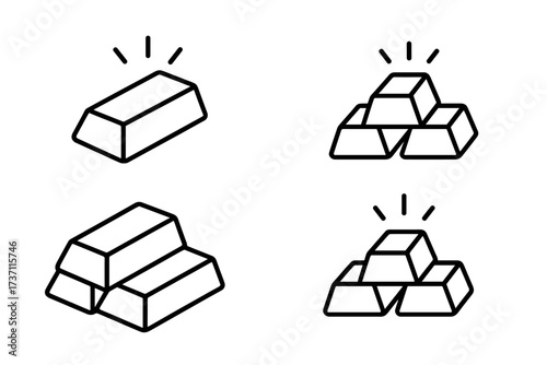 Gold bar line icon collection. Bullion and ingot stack symbols. Finance, investment, and banking concepts. Precious metal, treasure, and wealth asset vector illustration.