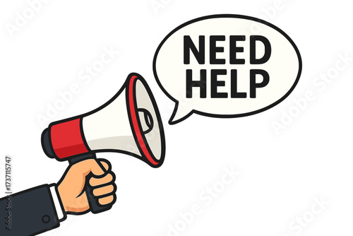 Businessman hand with megaphone and need help speech bubble. Communication concept for support, assistance, and guidance. Loudspeaker for announcement, alert, and business crisis.