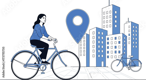 Woman riding bicycle in city with location pin and building, isolated on white background