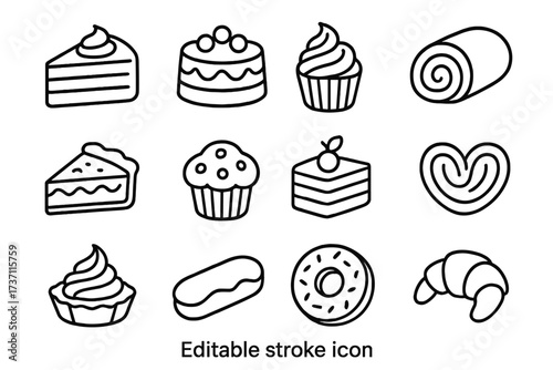 Dessert and bakery food line icons. Includes cake slice, cupcake, donut, croissant, pie, eclair, muffin, swiss roll. Vector illustration pack with editable stroke for design.