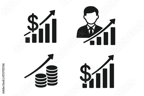 Income increase icon set. Financial performance, statistic report, boost business productivity, mutual fund, return on investment, finance consolidation, budget planning.