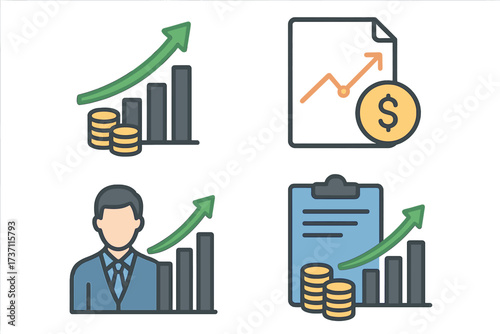 Business financial performance icon collection. Concepts for income increase, statistic report, boosting productivity, return on investment, finance, budget planning, growth.