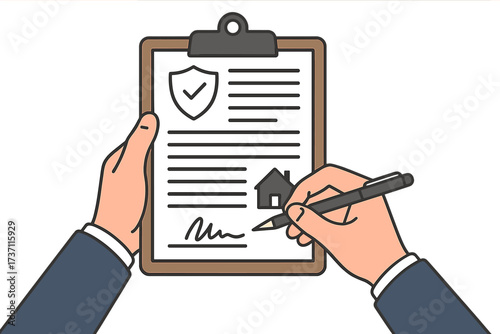 Man hands signing insurance policy contract on clipboard. Home protection, property agreement. Signing legal document, claim form for a real estate deal. Vector flat design.