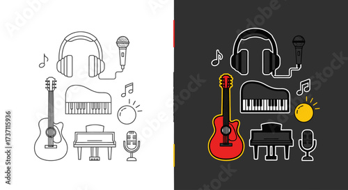 Vibrant music icons with guitar, piano, headphones and microphone, perfect for posters, banners, and educational materials about music and musical instruments