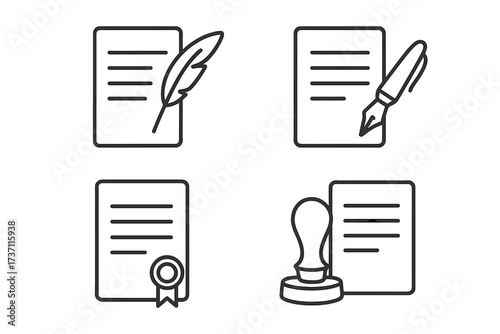 Document signing icon set. Contract agreement with quill and fountain pen. Notary public stamp, certificate seal. Legal, law concepts. Editable stroke vector line art.