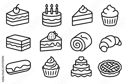 Cakes and pastries line icon set. Bakery dessert symbols. Sweet food collection. Birthday cake, cupcake, pie, croissant, eclair, swiss roll vector icons for web and print.