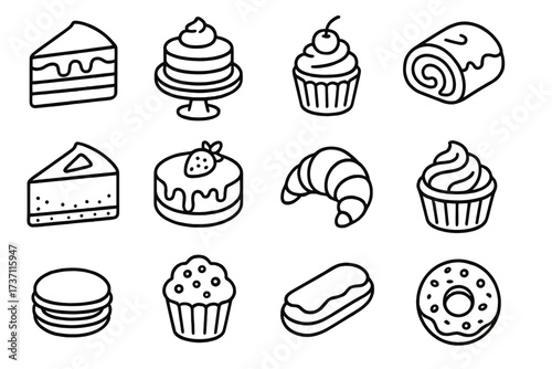 Cakes and pastries line icon set. Vector collection of sweet dessert food symbols like cake slice, cupcake, donut, croissant, macaron. Bakery and patisserie outline icons.