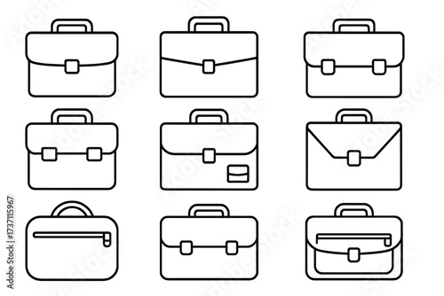 Briefcase outline icon set. Business bag and portfolio symbol collection. Vector line art illustration for web and app design. Work, job, and office concepts. Editable stroke.