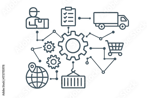 Logistic mechanism concept. Global supply chain management, distribution, delivery, e-commerce. Order fulfillment process, shipping automation. Abstract vector illustration.
