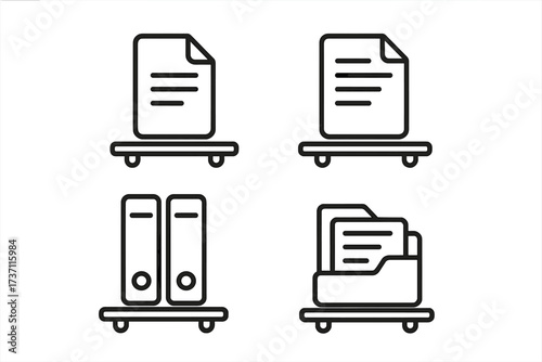File storage and document archive line icon set. Office paperwork, binder, and folder on a shelf. Information management, data organization. Bureaucracy symbol vector collection.