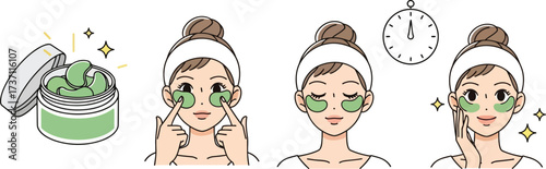 Woman applying green eye patches isolated on white background