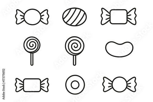 Candy outline icon set collection. Simple line art sweets. Vector graphic design elements. Lollipop, bonbon, jelly bean, hard candy symbols. Editable stroke for infographics.