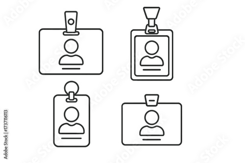 Employee ID badge outline icon set. Staff identification card, security pass and access concepts. Vector line art of name tags and lanyards for corporate business identity.