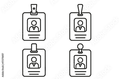 Employee ID badge outline icon set. Staff identification card vector collection. Corporate identity and security access pass symbol. Name tag holder and lanyard line art pictogram.