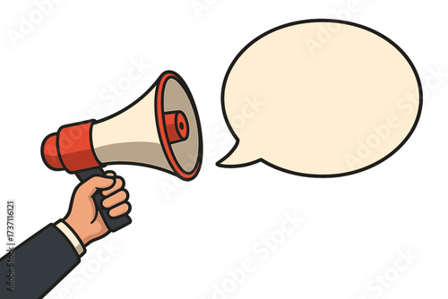 Hand holding megaphone with a speech bubble for text. Loudspeaker for announcement, advertising, and marketing. Business promotion and communication concept vector illustration.