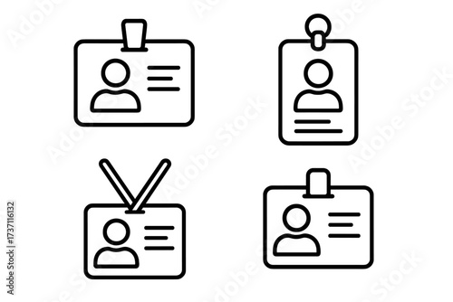 ID card outline icon set. Employee identification badge, name tag, press pass, and security access card vector collection. Simple line art symbols for identity and staff.