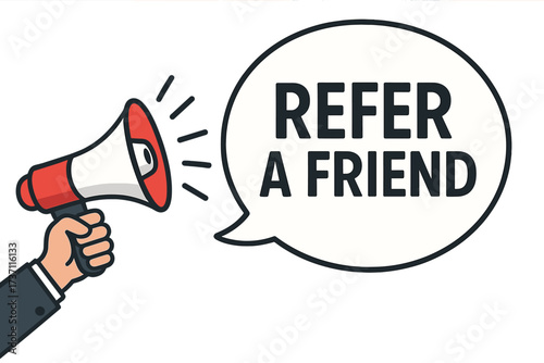 Refer a friend marketing program concept. Hand holding megaphone for business promotion. Loudspeaker announcement for customer acquisition, loyalty and advertising. Vector banner.