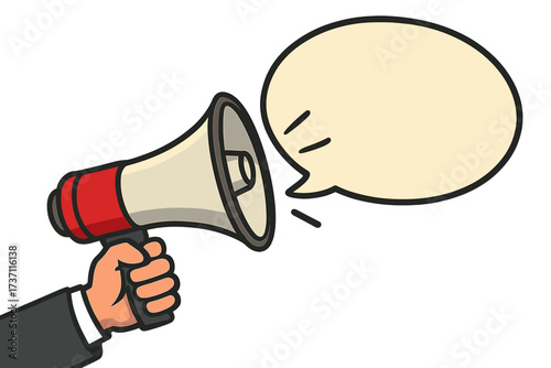 Hand holding megaphone with speech bubble for business marketing and advertising. Loudspeaker for announcement, alert or promotion. Communication, message and news concept vector.