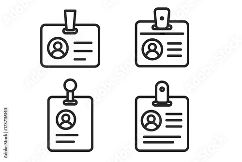 ID card line icon set. Employee badge, press pass, and name tag vector collection. Access control, security, and staff identification concept. Corporate identity elements.