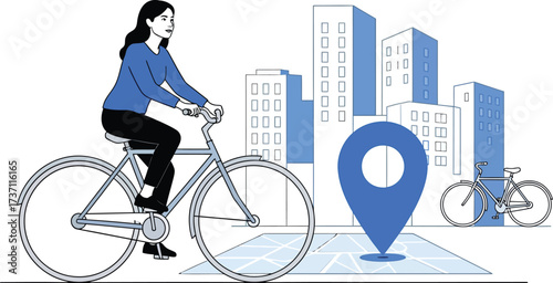 Woman riding bicycle in city with location pin isolated on white background