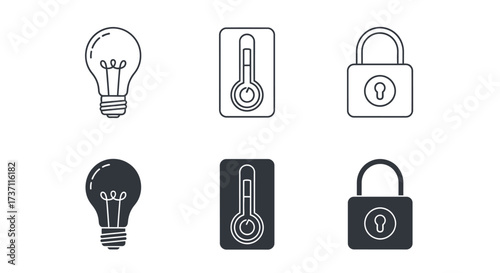 Simple line icons of lightbulb, thermometer, and padlock create a modern minimalistic design concept for innovation, security, and temperature control