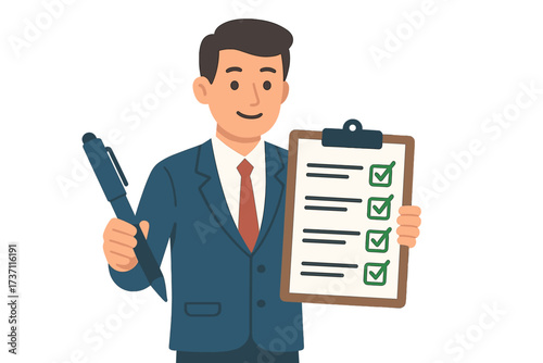 Businessman with clipboard and pen showing a completed checklist. Concept for finished tasks, successful assessment, survey, quality control, to-do list, and project approval.