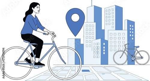 Woman riding bicycle in city with location pin isolated on white background