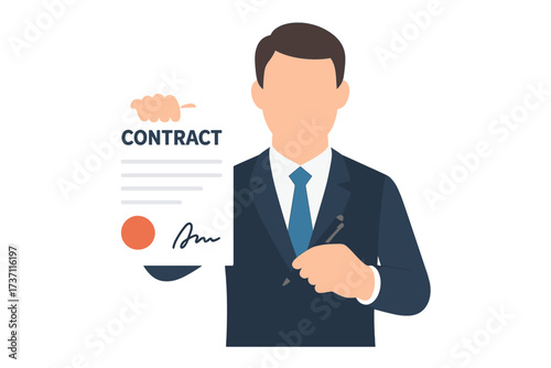 Businessman holding signed contract document with signature and stamp. Business concept of agreement, deal, partnership, or legal employment. Vector illustration isolated.