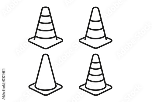 Traffic cone vector set, editable stroke icons collection with multiple designs and stripe patterns, perfect for infographics, articles, books, flyers, banners, safety and construction themes