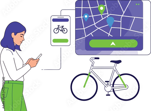 Woman using bike sharing app on her phone isolated on white background
