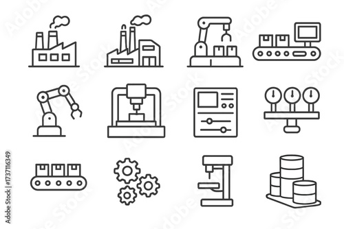 Factory and manufacturing outline icon set. Vector illustration of industrial production, automation, robotic arm, conveyor belt, machinery, and assembly line symbols.