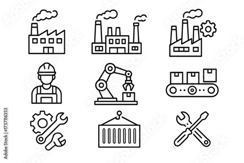 Factory & manufacturing line icon collection. Industrial production, automation, logistics vector icons. Worker, robotic arm, conveyor belt, tools. Editable stroke for web.