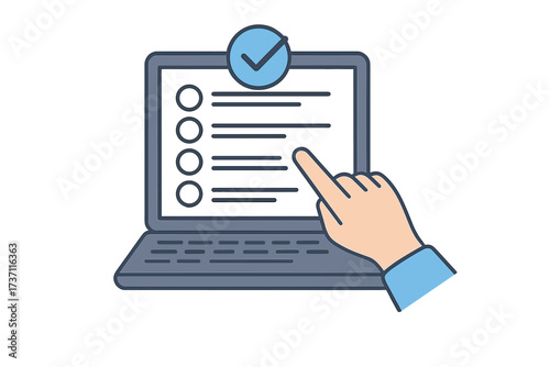 Online exam vector concept. E-learning and distance education. Hand choosing an answer on a laptop with a checklist. Survey, testing, questionnaire form illustration.