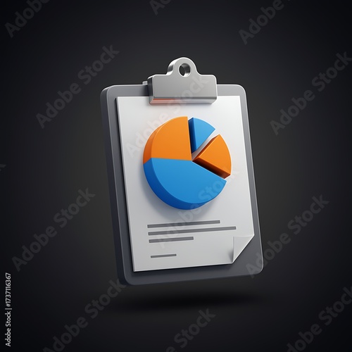 Clipboard with 3D Pie Chart Illustrating Business Performance Financial Data and Market Analysis on Dark Background Representing Reporting and Statistics