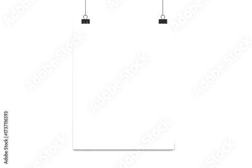 Realistic vector mockup of a blank white poster hanging from black binder clips. Empty A4 paper template for business presentation, portfolio display, or advertisement.