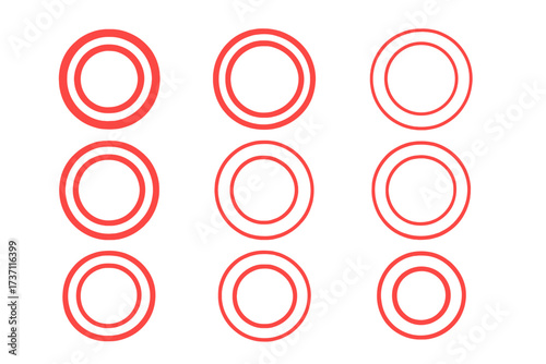 Pain circle bold and thin red ring set. Symbol of pain for medical design. Vector illustration of sore spot, ache, and injury localization. Target for body inflammation.