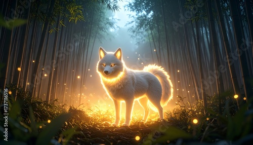 Mystical White Fox Luminescence in Bamboo Forest Scenery Illustration