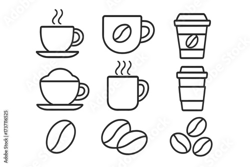 Coffee line icon set vector collection. Outline symbols of a hot drink in a cup, mug, cappuccino and to-go paper cup. Simple linear illustration of roasted coffee beans.