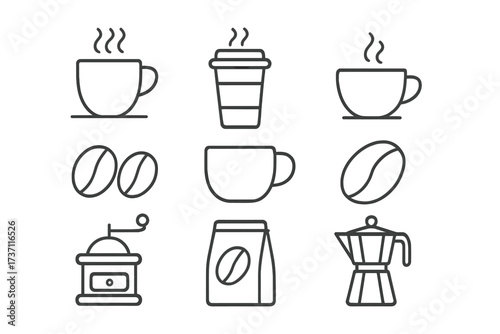Coffee line icon set. Vector symbols of caffeine, beverage, espresso, cup, mug, moka pot, beans. Editable stroke pictogram collection for cafe menu, web, infographics.