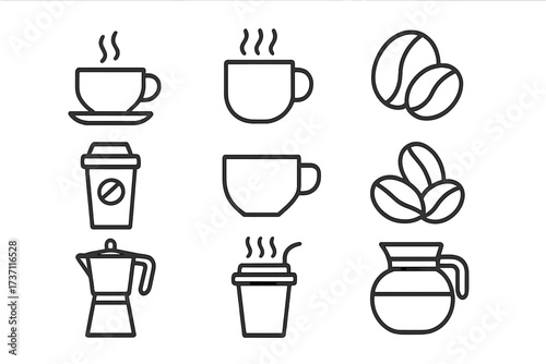 Coffee line icon set. Vector collection of coffee shop symbols. Outline icons of hot drink, cup, mug, beans, moka pot, and take away cup. Editable stroke for cafe menu.